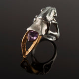 Azulie Sepulchre Collection, fine silver, 22kt gold and faceted amethyst handmade cicada ring