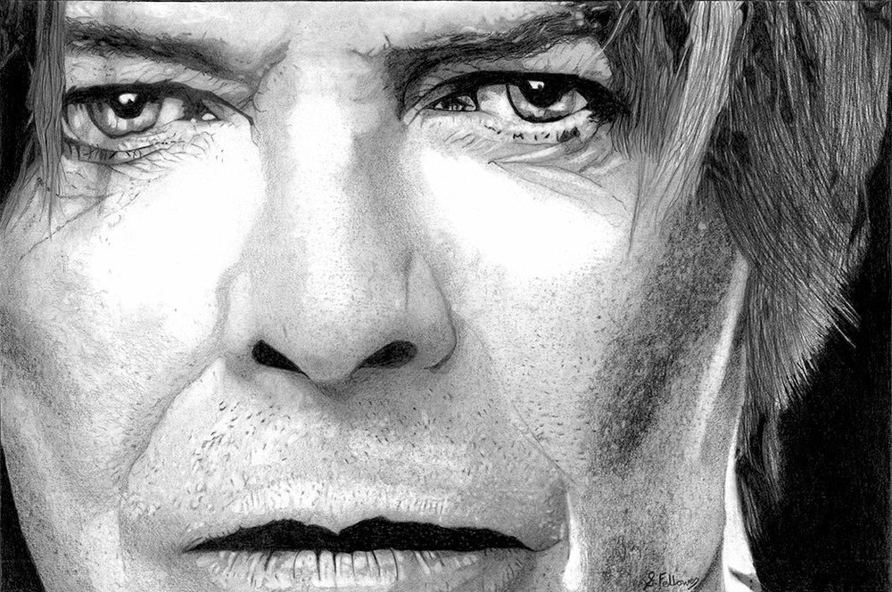 David Bowie portrait, pencil drawing, limited edition print on metal, by Steven Fellowes