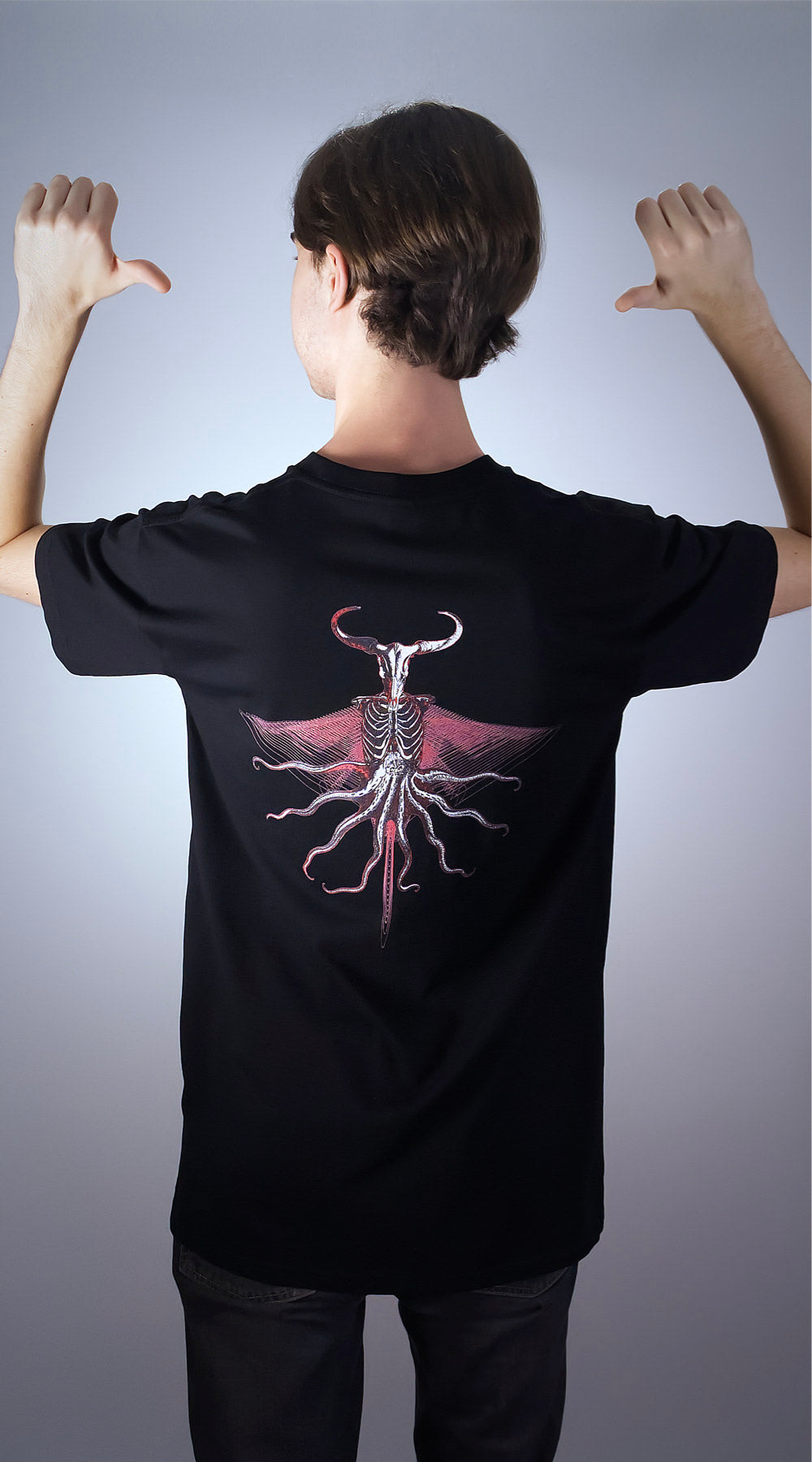 Men's black limited edition Art-Shirt 'OctoBeast' by Steven Fellowes, GOTS certified organic cotton, back view