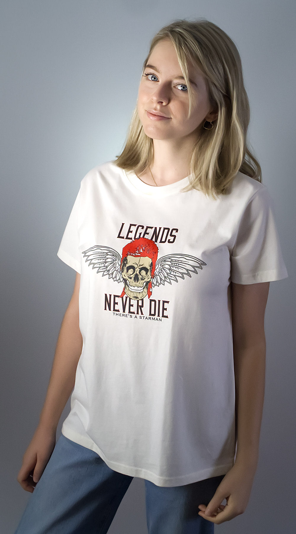 Women's natural Art-Shirt 'Legends Never Die - David Bowie' by Steven Fellowes, GOTS certified organic cotton