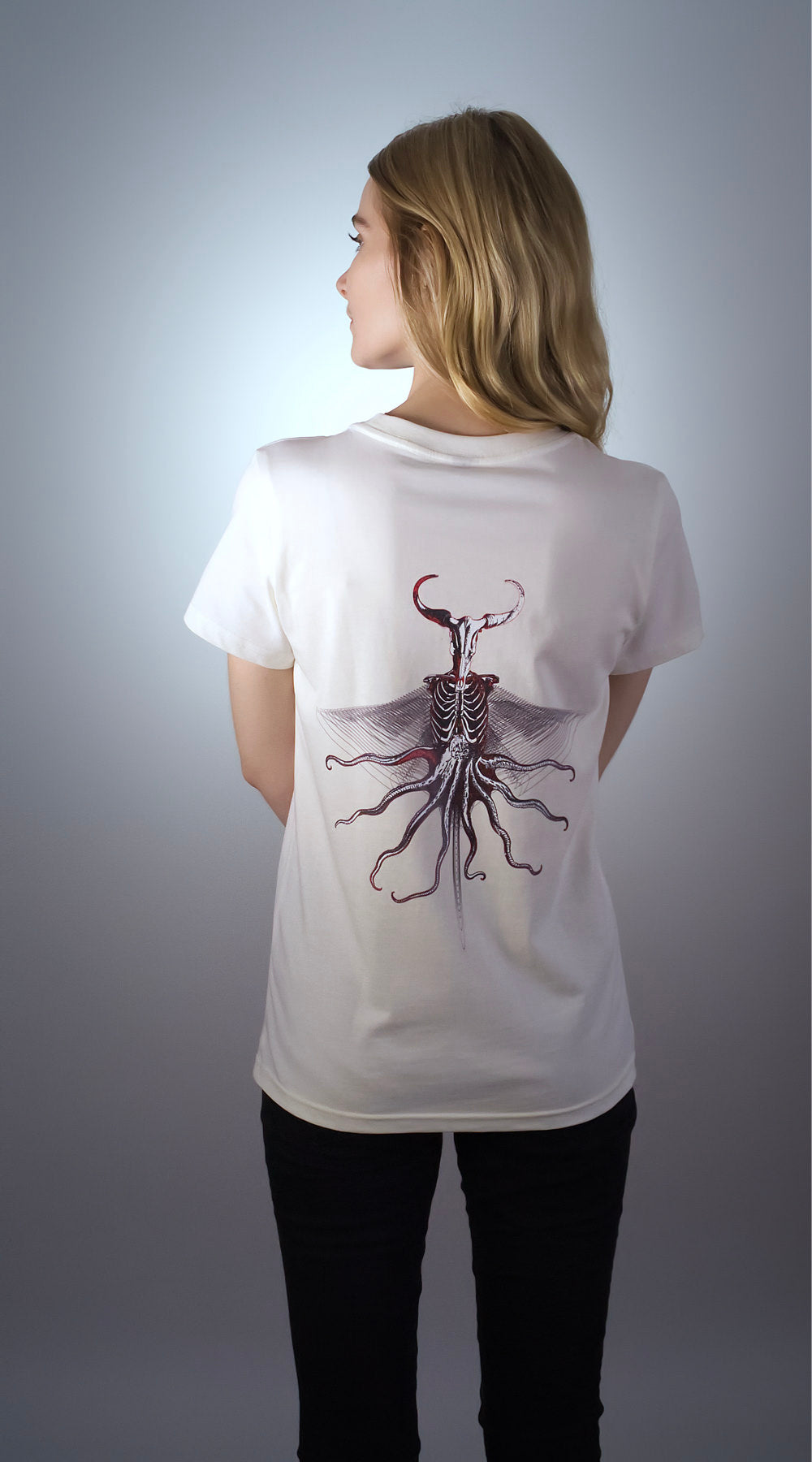 Women's natural limited edition Art-Shirt 'OctoBeast' by Steven Fellowes, GOTS certified organic cotton, back view